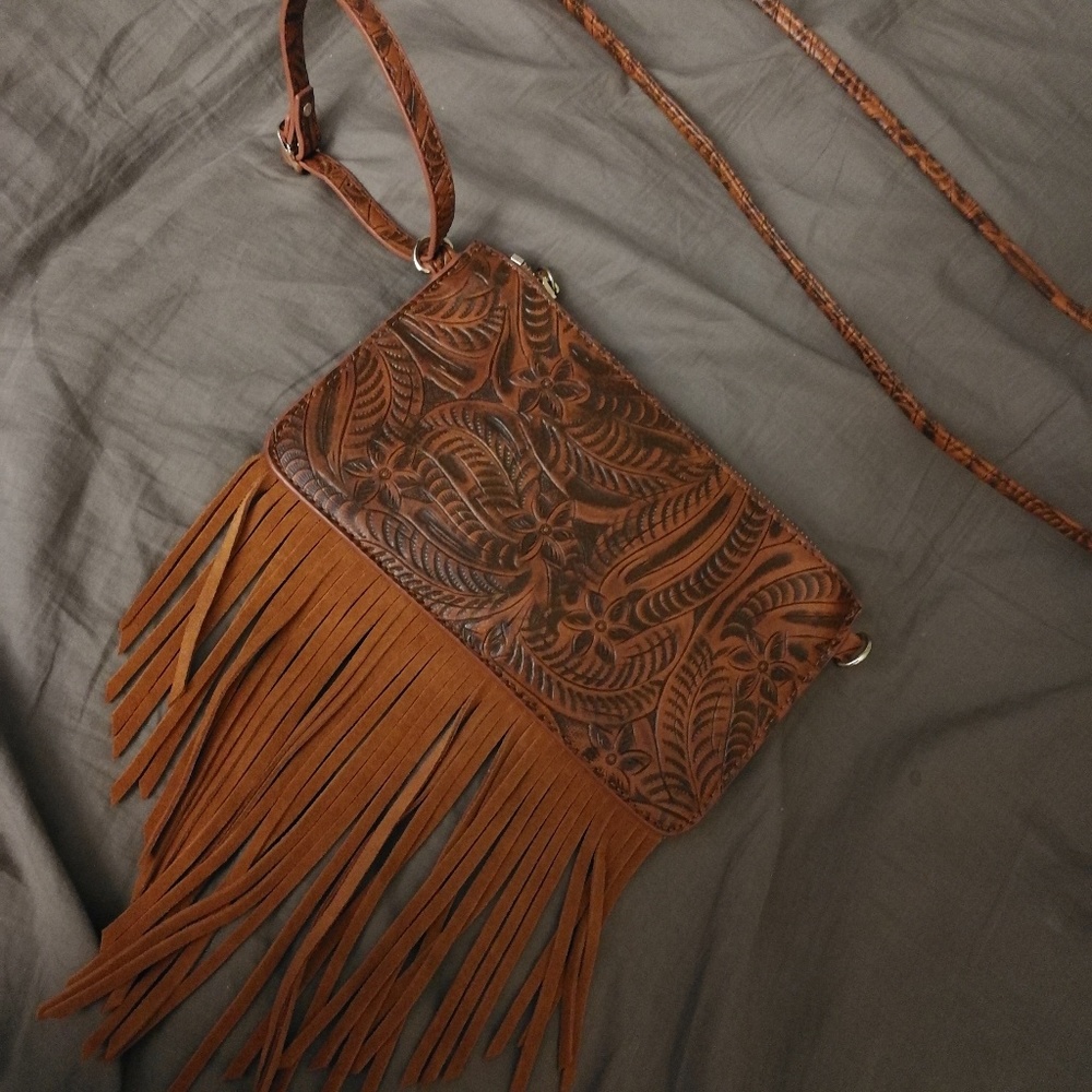 Free People Brown Tooled Leather Fringe Crossbody Bag
